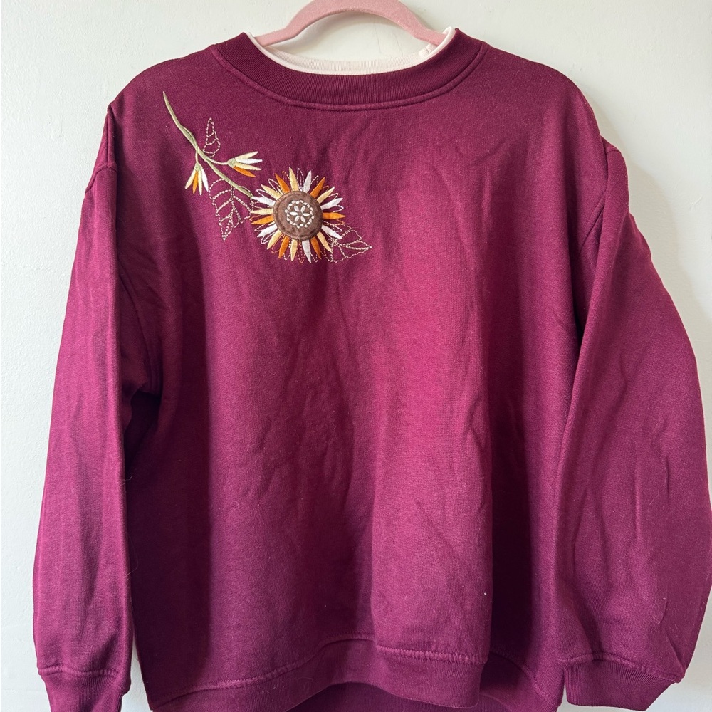90s Embroidered Burgundy Sweater with Sunflower
